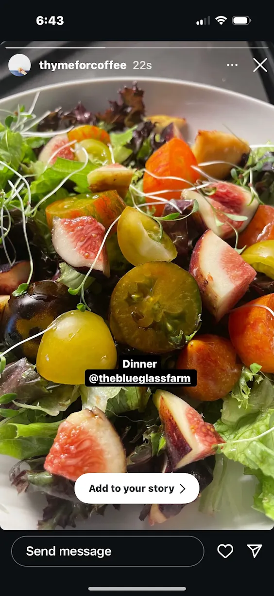 A screenshot of an instagram post using Blue Glass Farm produce