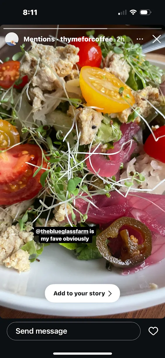 A screenshot of an instagram post using Blue Glass Farm produce