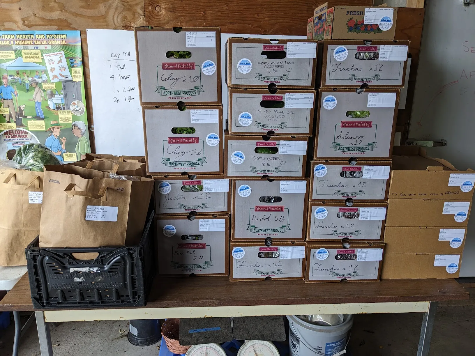 A stack of wholesale produce boxes